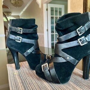 Michael Kors Tatum Bootie Black Suede with Leather Straps and Buckles Size 10M